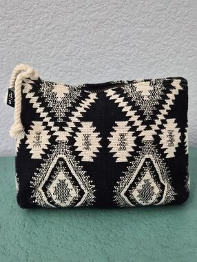Danica Studio Woven Zip Pouch Black Cream Boho Cosmetic Bag